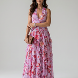 Dragana | Nyakpántos Ráncos Bodice Virágos Maxi Ruha