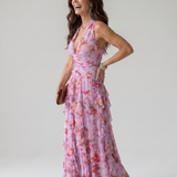 Dragana | Nyakpántos Ráncos Bodice Virágos Maxi Ruha