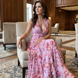 Dragana | Nyakpántos Ráncos Bodice Virágos Maxi Ruha