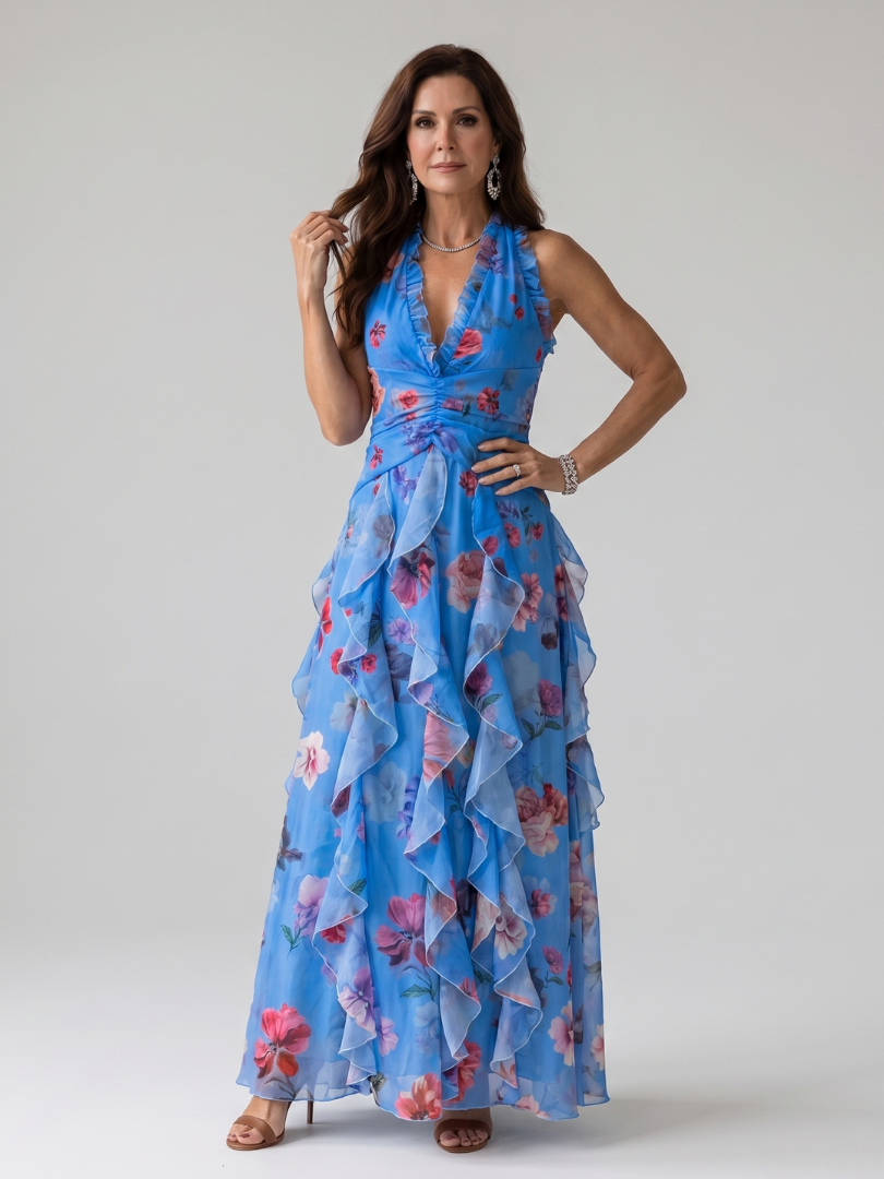 Dragana | Nyakpántos Ráncos Bodice Virágos Maxi Ruha