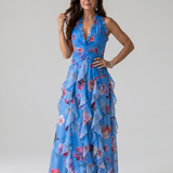 Dragana | Nyakpántos Ráncos Bodice Virágos Maxi Ruha