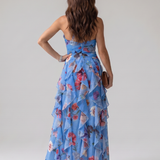 Dragana | Nyakpántos Ráncos Bodice Virágos Maxi Ruha