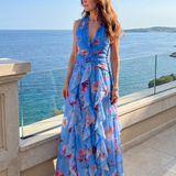 Dragana | Nyakpántos Ráncos Bodice Virágos Maxi Ruha