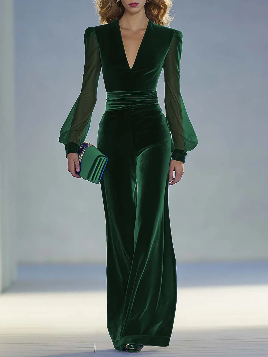 Sabrina - Hosszú bársonyos overall V-nyakkal és hosszú hálós ujjakkal, elegáns és retró